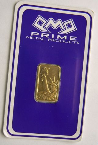 5 Gram Liberty Statue Prime Metal 24k Gold Bar.  9999 Made In Usa photo