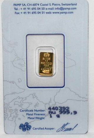1 Gram Pamp Suisse Gold Bar - Lady Fortuna - In Assay Card - 440392 - 1 Day Auct. photo
