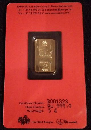 5 Gram Gold 2012 Dragon Bar - Pamp.  9999 Gold Bar In Assay Rare photo