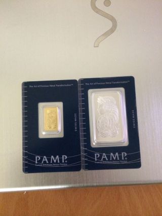 5 Gram Pamp Suisse Gold Bar,  1 Oz Silver Fortuna.  999 In Assay photo