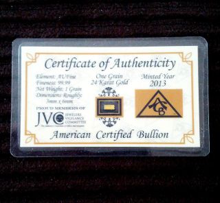 Acb Pure 24k Gold Bullion Minted 1grain Bar 99.  99 Fine With Certificates photo