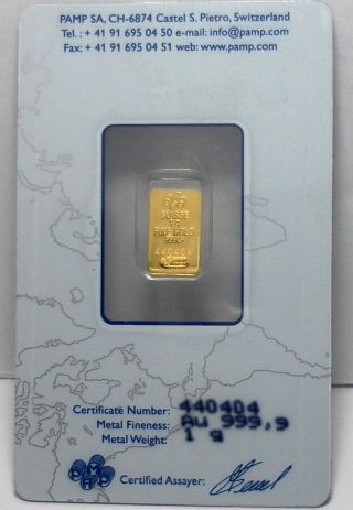 1 Gram Pamp Suisse Gold Bar - Lady Fortuna - In Assay Card - 440404 1 Day Auct photo