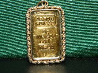 5 Gram 999.  9 Fine Gold Credit Suisse Bar W/ 14k Gold Bezel.  Gs758 photo