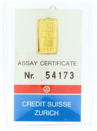 Credit Suisse 1 Gram 999.  9 Fine Gold Bullion Bar Ingot Pendant Charm Assay photo