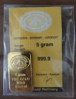 5 Gram Istanbul Gold Refinery Bar 999.  9 Fine 24 K Certificat With Hologram photo