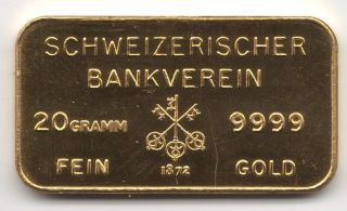Vintage Johnson Matthey Schweizerischer Bankverein 20 Gram.  9999 Gold Bar - Rare photo