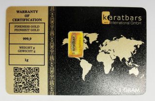 1 Gram 999.  9 Fine Gold Ingot Bar Karatbars Numbered Certified Laminated Card photo