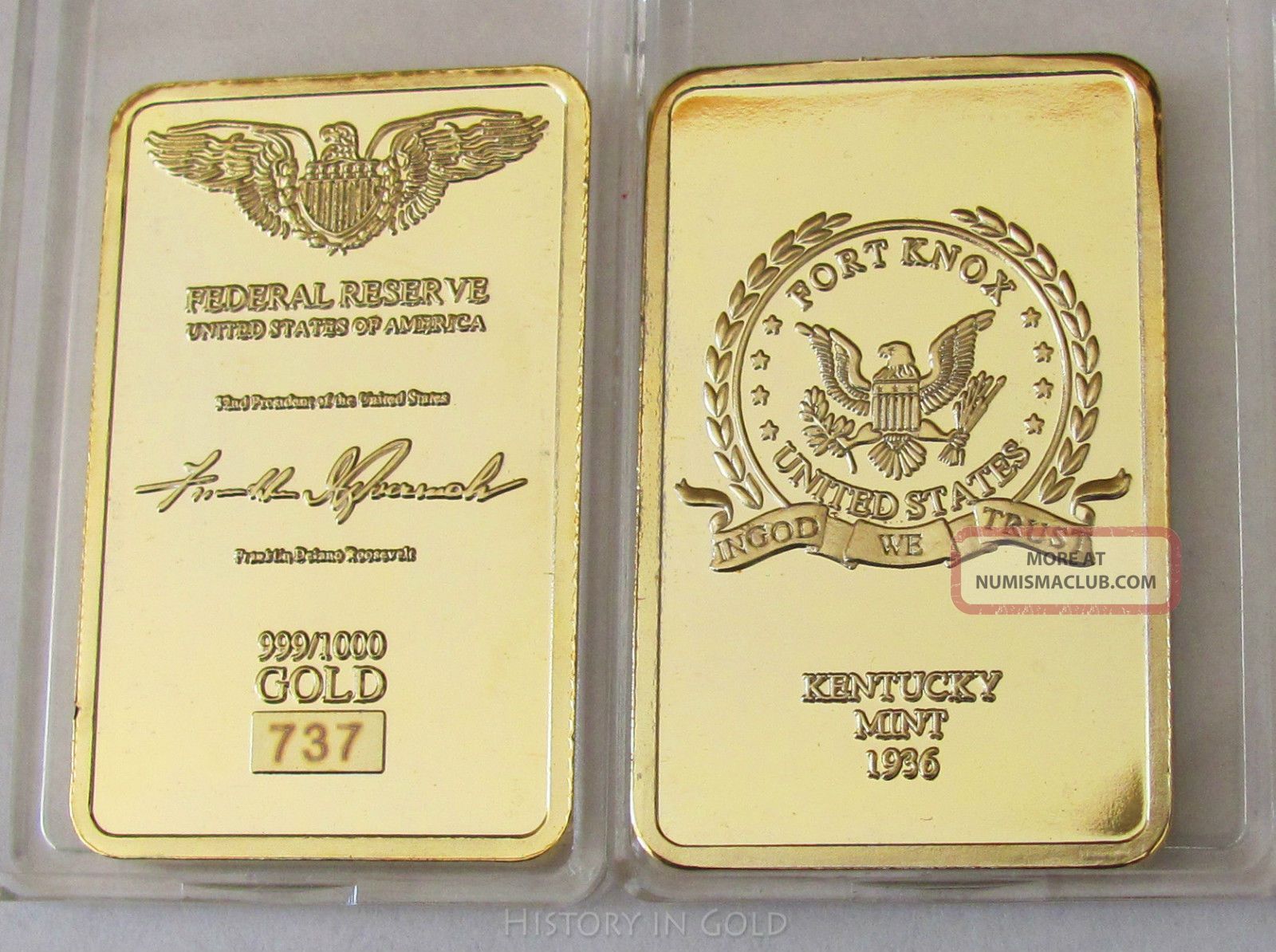 24k Gold Plated Bar Fort Knox Federal Reserve 1936 Usa Rare, Serial