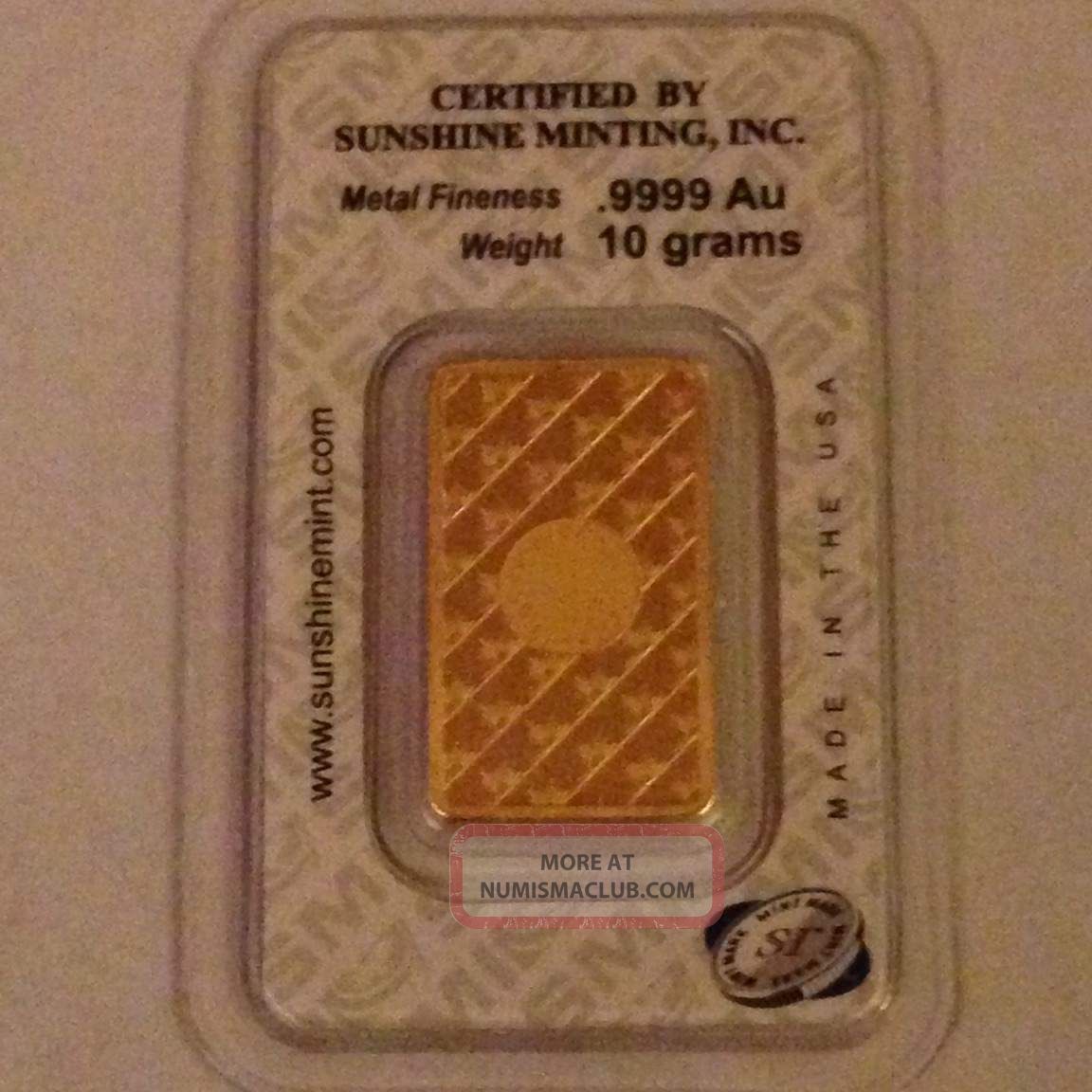 10 Gram Smi Gold Bar In Credit Card Assay Card. 9999 Au Fine