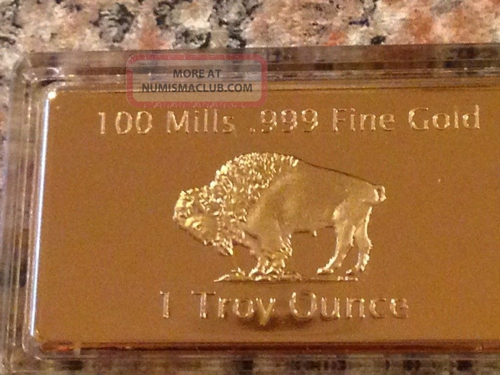 2 Gold Plated Bar 1 Ounce Buffalo ' 100 Mills. 999 1 Oz Fine Bullion 24k