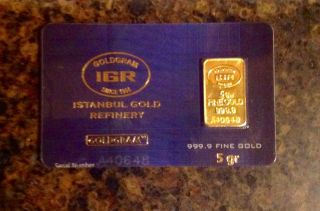 5 Gram Istanbul Refinery.  9999 Fine Gold Bar In Assay photo