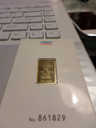 5 Gram Credit Suisse Gold Bar.  9999 Fine Certified photo