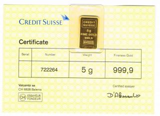 Credit Suisse Liberty 5 Gram Gold Bullion Bar 999.  9 Fine Gold Uncirulated Unc photo