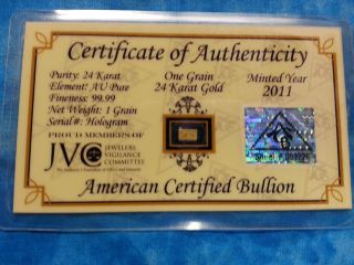 Jvc One Grain Of 24 Karat Gold Bar,  2011,  American Certified Bullion photo