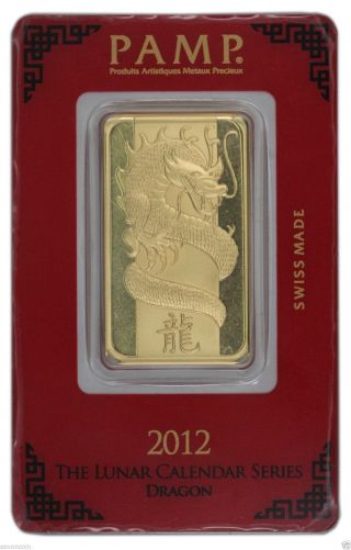 2012 1 Oz Pamp Suisse Year Of The Dragon Pure 999.  9 Fine Gold Bar Bullion Assay photo