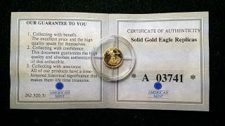 Miniature 1933 $20 St Gaudens 14k Bullion 0.  5 Gram Solid Gold Double Eagle W/coa photo