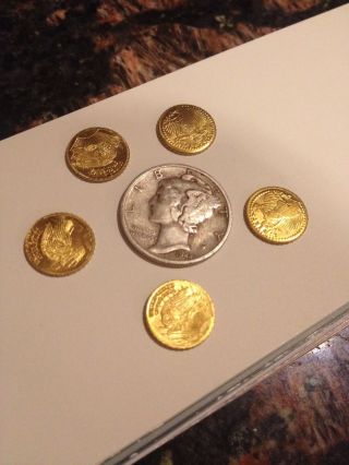 5 St.  Gauden Gold 8 - 22k Hge Minis,  1 Pre 1964 Silver Dime photo