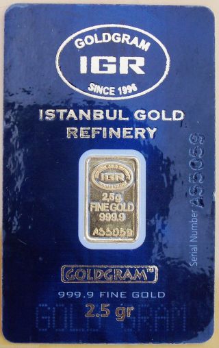 Igr 2.  5 G Gram 999.  9 Lbma Gold Bullion Bar W/serial Number photo