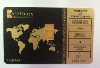 Karatbars 1 Gram 999.  9 Fine Gold Ingot Bar Numbered Certified Laminated Card photo