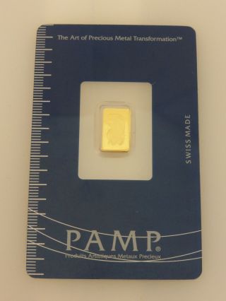 1 Gram Pamp Suisse Gold Bar Swiss Made Lady Fortuna Assay Card.  9999 photo
