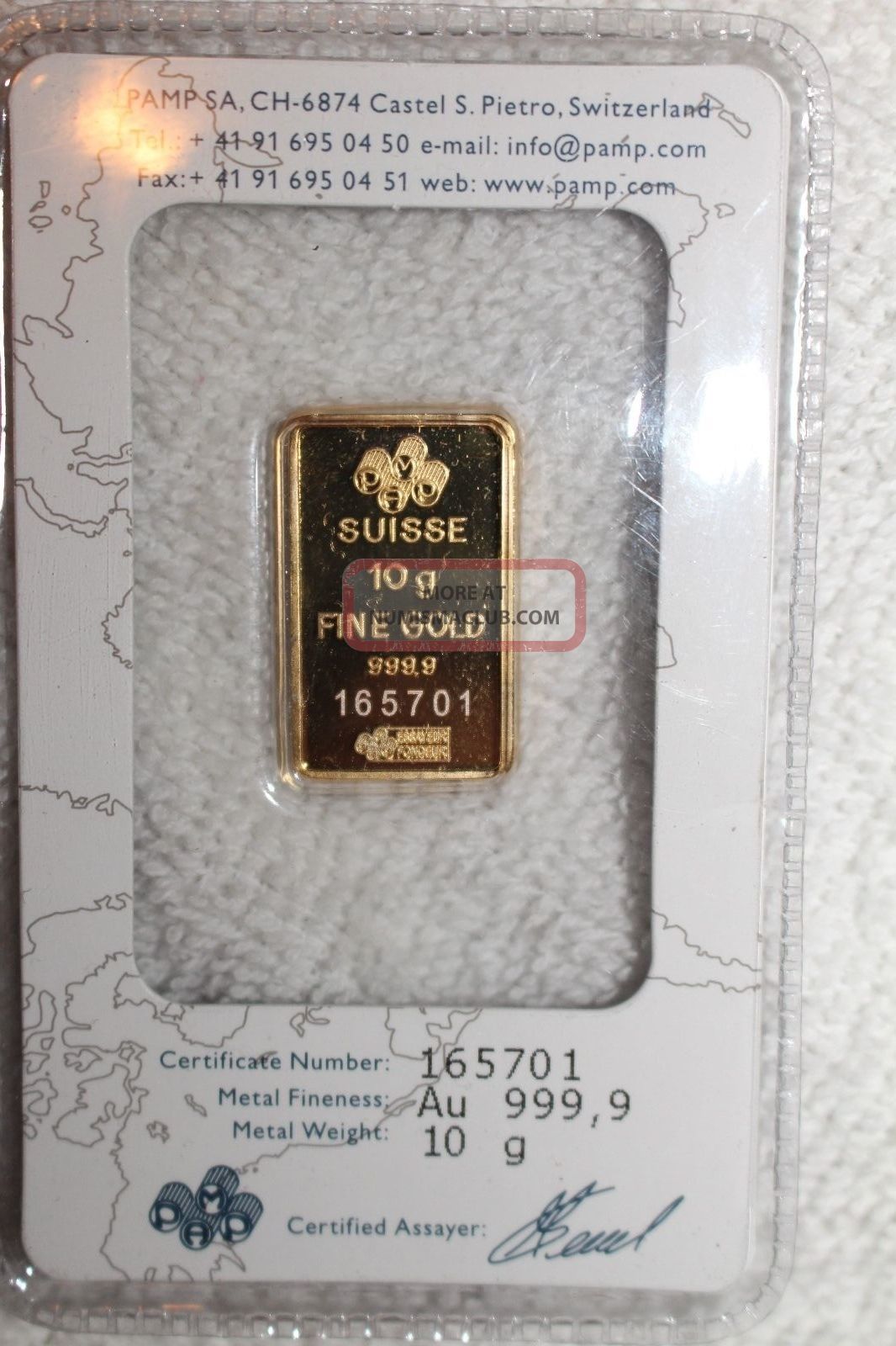 10 Gram Pamp Suisse Gold Bar 9999 Fine (in Assay) With Certificate