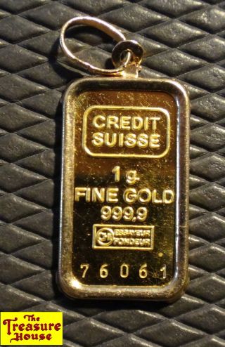 Credit Suisse 999.  9 Fine Pure Solid 24k Gold 1g Ingot/bar 14k Gold Frame/pendant photo