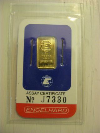 Authentic Engelhard 1 Gram Fine Gold Bar.  9999 Assay Still In photo