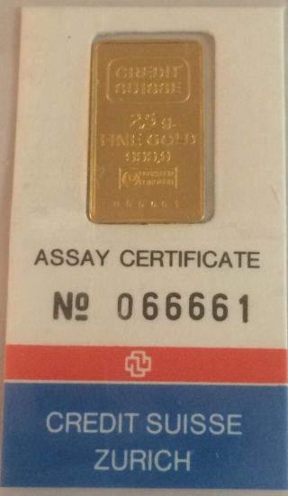 2.  5 Gram Credit Suisse 24k Gold Bar.  9999 066661 photo