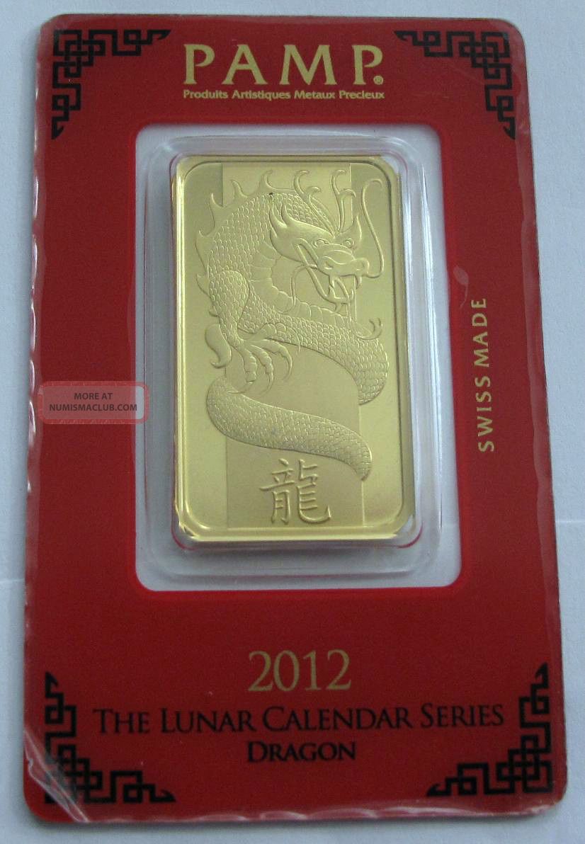 2012 Swiss 1 Oz. Gold Bar 9999 Lunar Year Calendar Series Dragon