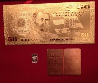 24k Gold $50 Bill Bank Note 1 Gram.  999 Pure Silver Bar 2 X 1 Copper Crackers photo