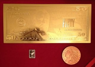 24k Gold $50 Bill Banknote 1 Gram.  999 Pure Silver Bar And Half Oz Copper Coin photo