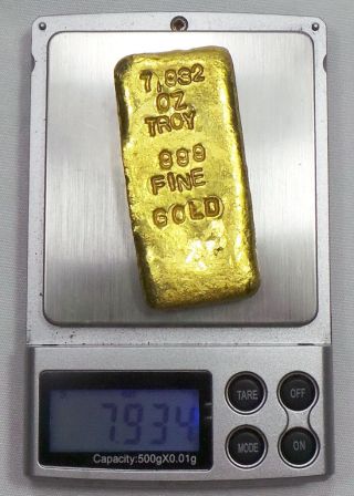 7.  932 Troy Oz.  999 Fine 24k Gold Ingot,  Nearly 8 Ounces Of Pure 2x Refined Gold photo