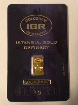 1 (g) Gram.  9999 24k Premium Gold Igr / Iar Bullion Bar Pure Ingot In Assay photo