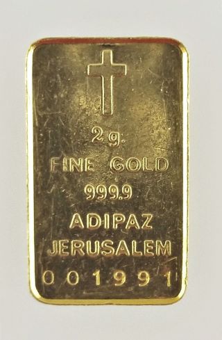 Adipaz Jerusalem 2 Gram 0.  999 Pure Fine Gold Bar photo