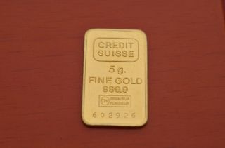 Credit Suisse 24k Gold Bullion 5g 5 Gram.  999 Fine Gold Bar photo