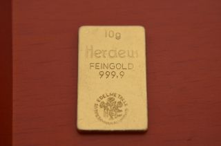 Vintage Heraeus 10 Gram 10g 24k Gold Bar 999.  9 Pure Bullion photo