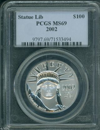 2002 $100 Statue Of Liberty Platinum 1 Oz.  Eagle Pcgs Ms69 Stunning photo