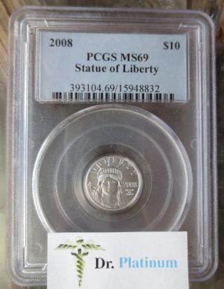 2008 Eagle,  Pcgs Ms 69,  Us,  10 Dollars,  1/10 Ounce, .  9995 Platinum Coin photo