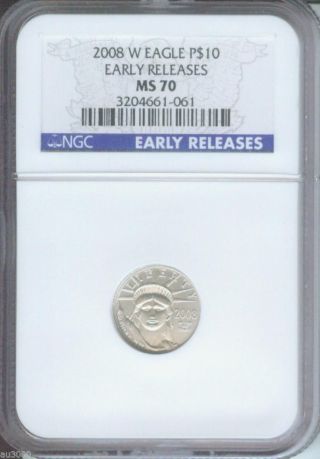 2008 - W Burnished $10 Platinum Eagle Statue Liberty Ngc Ms70 E.  R.  Early Releases photo