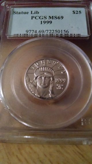 1999 $25 Statue Of Liberty 1/4oz.  9995 Fine Platinum Eagle Pcgs Ms - 69 photo