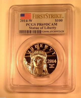 2014 W American Eagle Platinum 1 Oz $100 Statue Of Liberty Pcgs Pr69 Dcam Fs photo