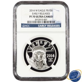 2014 - W Proof $100 American Platinum Eagle Ngc Pf70uc Early Releases (blue Er) photo