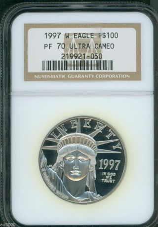 1997 - W $100 Platinum Eagle Statue Of Liberty 1 Oz.  Ngc Pf70 Proof Pr70 Cameo photo