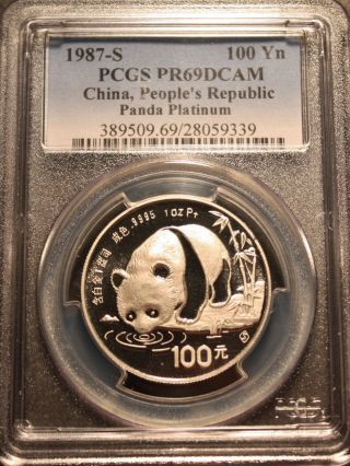 China 1987 S 100 Yuan Pcgs Pr 69 Dcam.  9995 Platinum Proof Panda,  One Ounce, photo