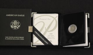 1997 - 1/10 Oz Platinum American Eagle Coin – W/inaugural Issue Box And photo