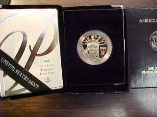 1999 - W $100 Dollar.  9995 1oz Platinum American Eagle Proof W/ Box - Case - photo
