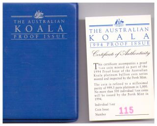 1994 $15 1/10oz 9995 Platinum Proof Coin In Wallet - Australian Koala photo