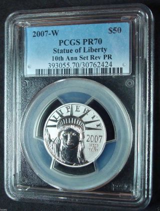 2007 - W $50 Reverse Proof Statue Of Liberty 1/2 Oz Platinum Coin Pcgs Pr70 photo