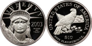 2003 - W $10 Statue Of Liberty 1/10th Oz.  9995 Platinum Coin Pr 70 Dcam Pcgs photo