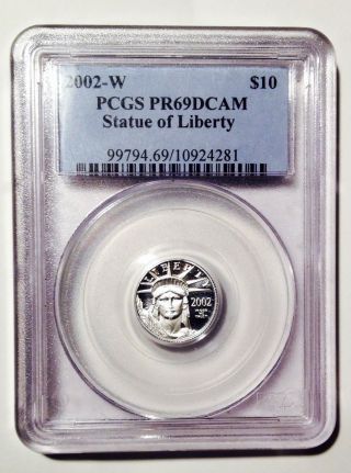2002 - W Platinum $10 Pcgs Pr69dcam Statue Of Liberty 1/10oz photo